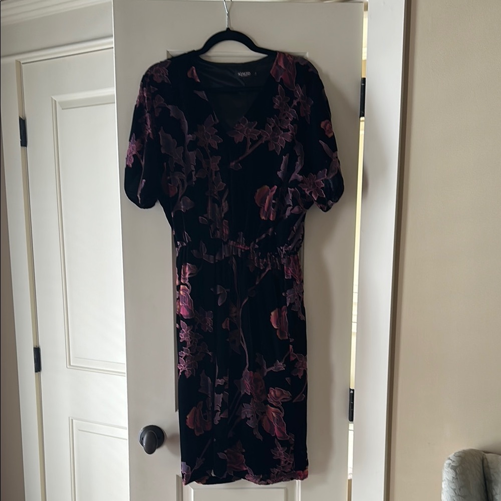 Black Midi Dress with Puff Sleeves and Scoop Neck